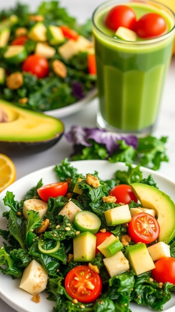 Sautéed kale with garlic and lemon, fresh kale salad with avocado and tomatoes, and a green smoothie in a glass.